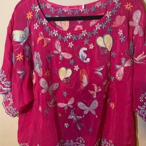 JOHNNY WAS Bellona Blouse Floral Butterfly Embroidered Rayon Top Pink Size L